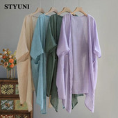 Kaldkaelus, soliidne vabaaja linane lahtine õhuke põhi, pika lahtise õmblusega naiste jope Korea moodne kardigan 2023 suvekevad