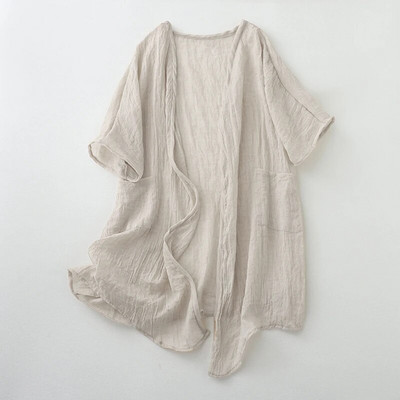 Kaldkaelus, soliidne vabaaja linane lahtine õhuke põhi, pika lahtise õmblusega naiste jope Korea moodne kardigan 2023 suvekevad