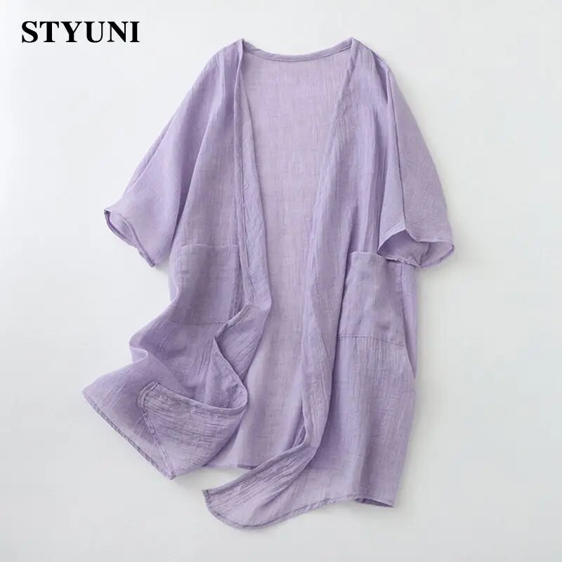 Kaldkaelus, soliidne vabaaja linane lahtine õhuke põhi, pika lahtise õmblusega naiste jope Korea moodne kardigan 2023 suvekevad