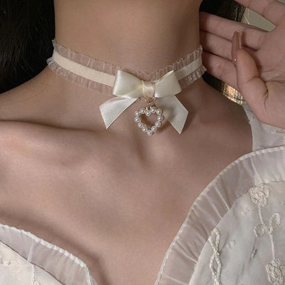 Sieviešu jauka apkakle Lolitas ar rokām darināta vintage mežģīņu sirds kaklarota sievietēm gotikas loka mezgla kaklarota, meiteņu formas aksesuāri