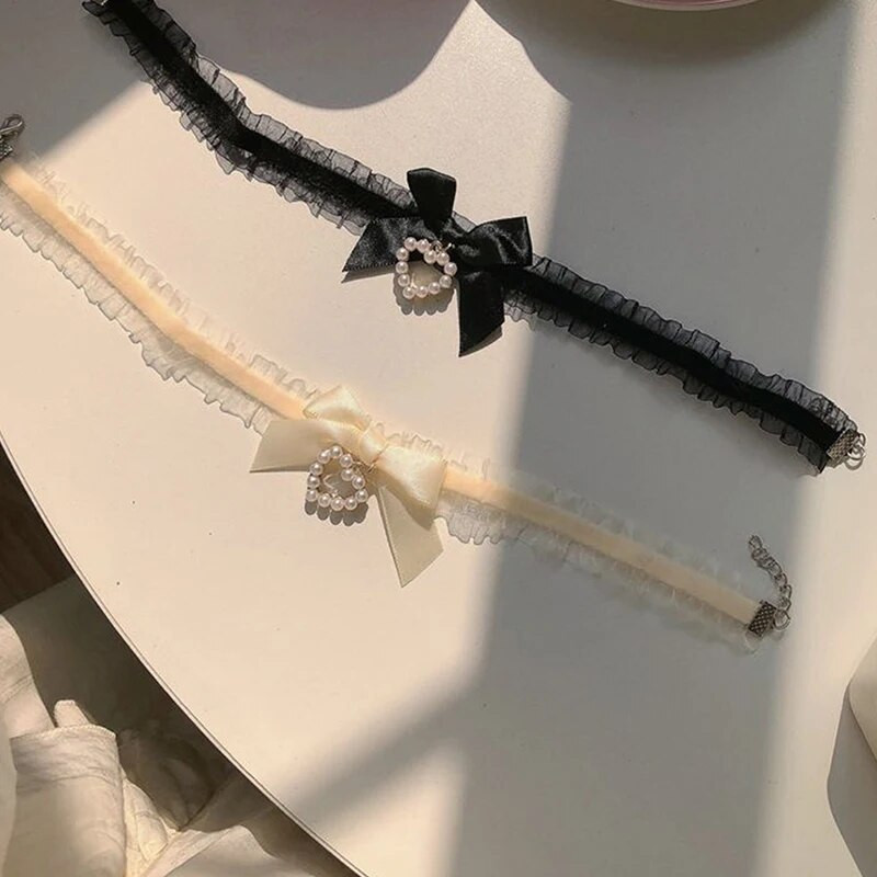 Sieviešu jauka apkakle Lolitas ar rokām darināta vintage mežģīņu sirds kaklarota sievietēm gotikas loka mezgla kaklarota, meiteņu formas aksesuāri