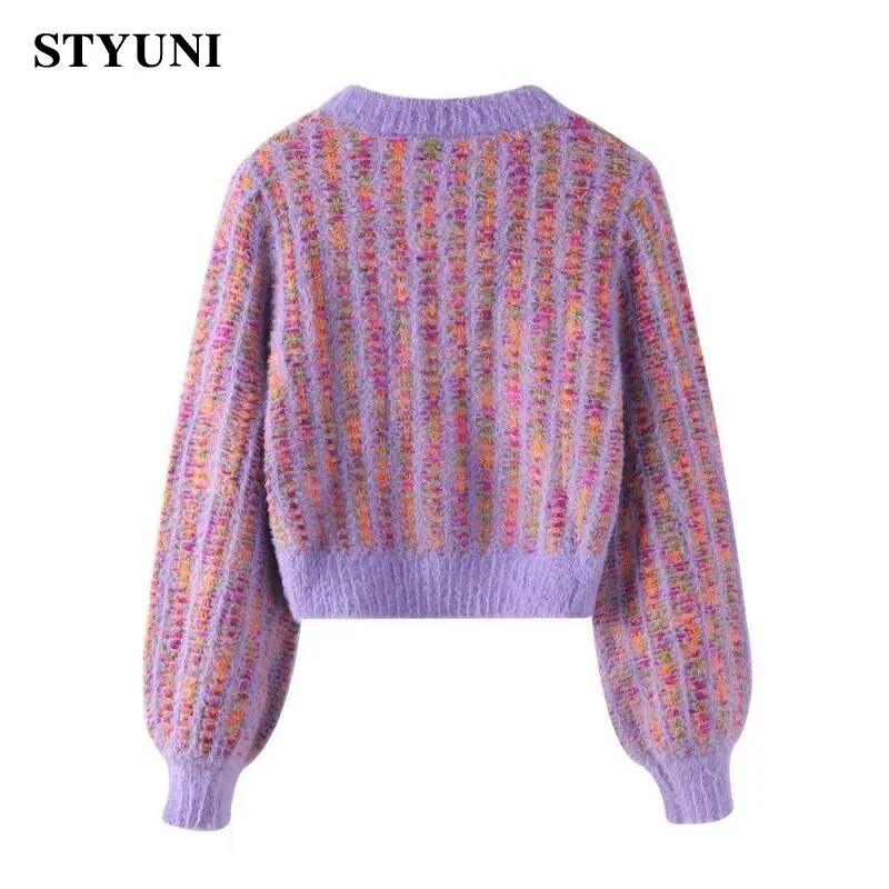 Violeta rūta imitācija, ūdeles, apaļa kakla, trikotāžas sieviešu korejiešu modes jaka ar garām piedurknēm, vienrindas sieviešu ziemas džemperi