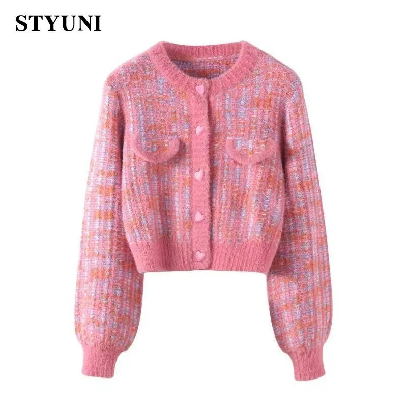 Violeta rūta imitācija, ūdeles, apaļa kakla, trikotāžas sieviešu korejiešu modes jaka ar garām piedurknēm, vienrindas sieviešu ziemas džemperi