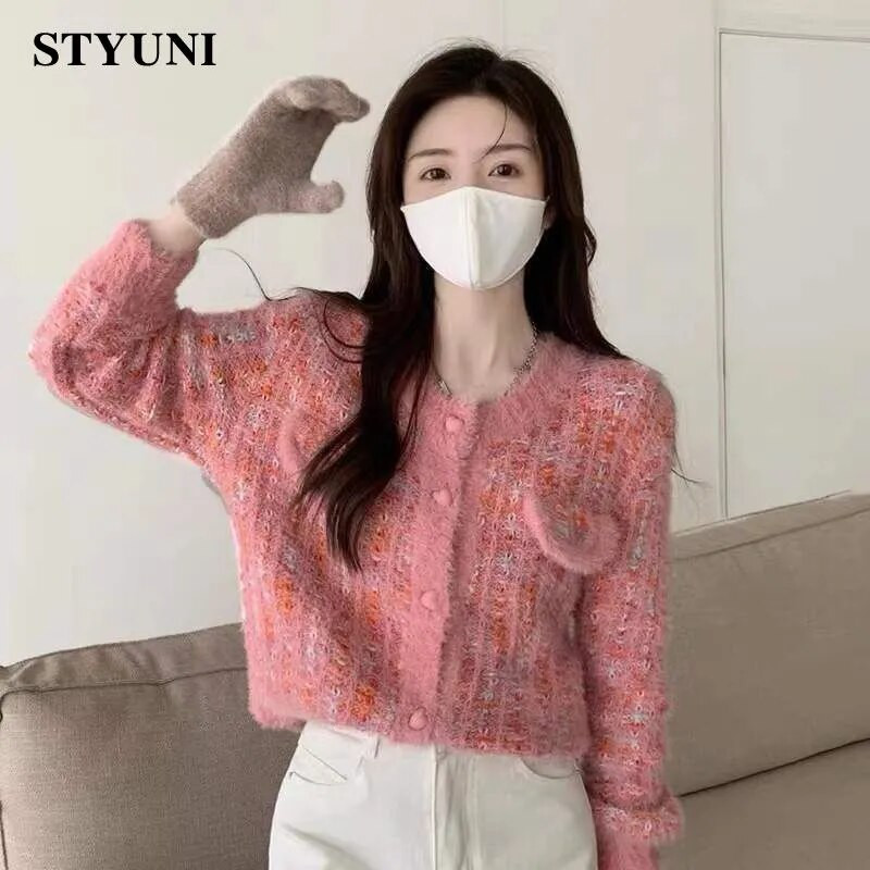 Violeta rūta imitācija, ūdeles, apaļa kakla, trikotāžas sieviešu korejiešu modes jaka ar garām piedurknēm, vienrindas sieviešu ziemas džemperi