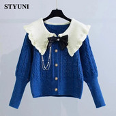 Blue Twists Peter pan krae Pärlid pikkade varrukatega akrüül Kootud naiste kampsun Korea mood Pullover Kampsunid Kardigan Sügis