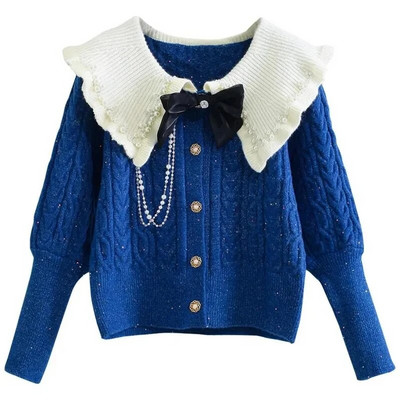 Blue Twists Peter pan krae Pärlid pikkade varrukatega akrüül Kootud naiste kampsun Korea mood Pullover Kampsunid Kardigan Sügis