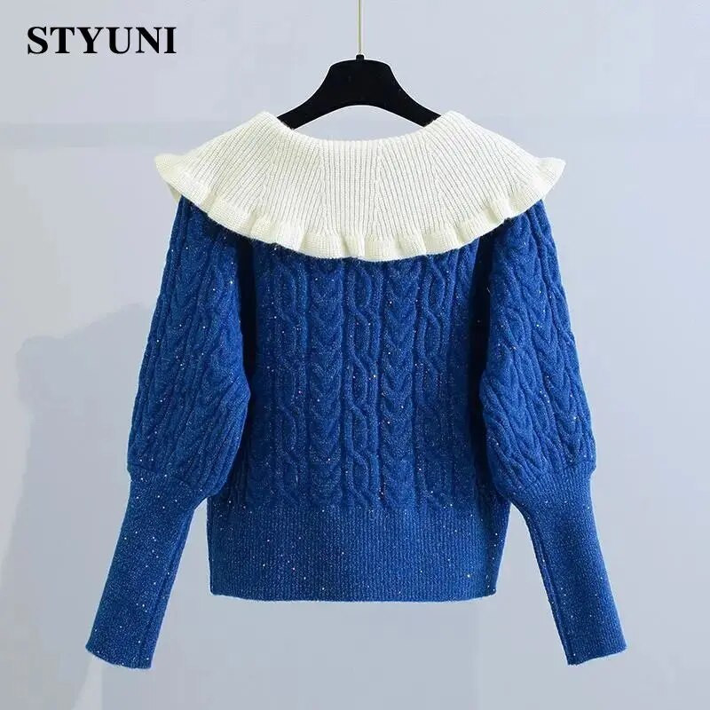 Blue Twists Peter pan krae Pärlid pikkade varrukatega akrüül Kootud naiste kampsun Korea mood Pullover Kampsunid Kardigan Sügis