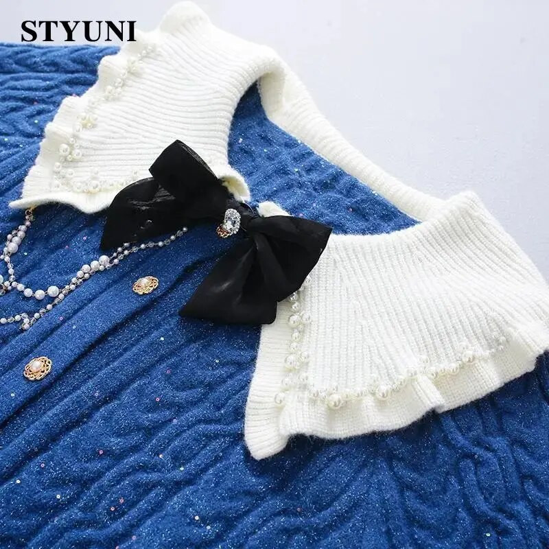 Blue Twists Peter pan krae Pärlid pikkade varrukatega akrüül Kootud naiste kampsun Korea mood Pullover Kampsunid Kardigan Sügis