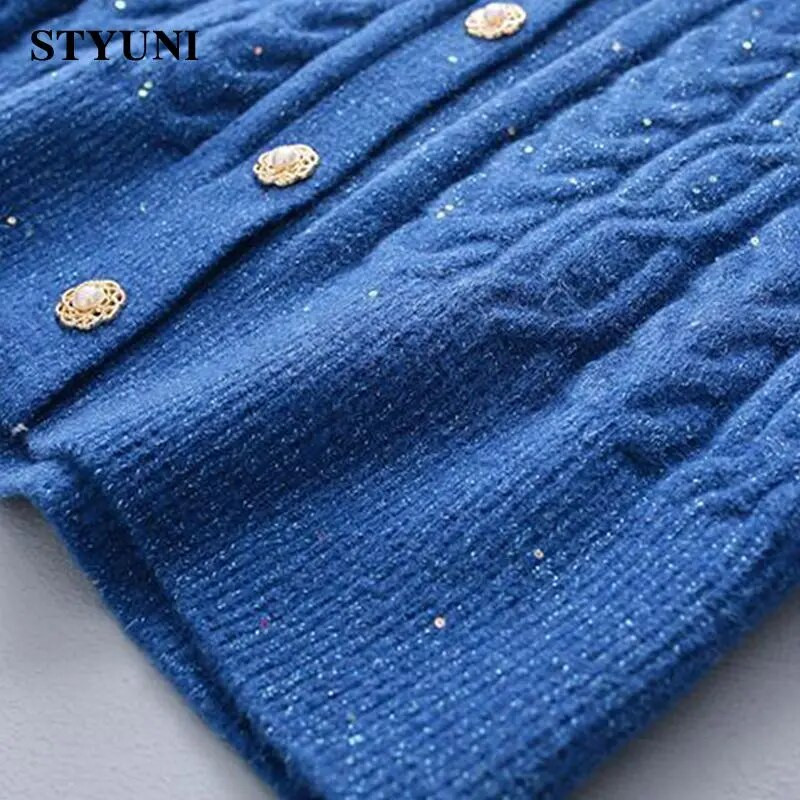 Blue Twists Peter pan krae Pärlid pikkade varrukatega akrüül Kootud naiste kampsun Korea mood Pullover Kampsunid Kardigan Sügis
