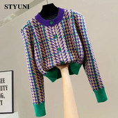 Houndstooth üherealised O-kaelusega High Street silmkoelised naiste kampsunid pikkade varrukatega lapitehnikaga lühikesed džemprid Naiste kardiganid