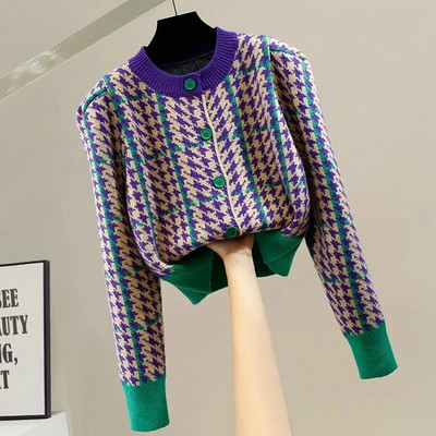 Houndstooth üherealised O-kaelusega High Street silmkoelised naiste kampsunid pikkade varrukatega lapitehnikaga lühikesed džemprid Naiste kardiganid