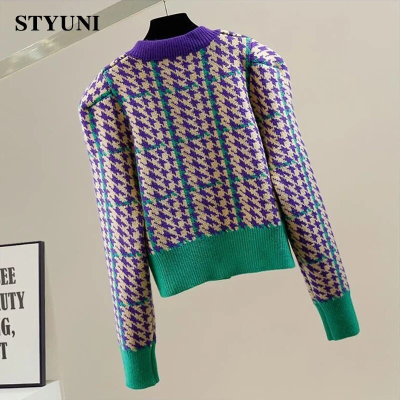 Houndstooth üherealised O-kaelusega High Street silmkoelised naiste kampsunid pikkade varrukatega lapitehnikaga lühikesed džemprid Naiste kardiganid