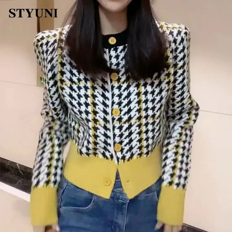 Houndstooth üherealised O-kaelusega High Street silmkoelised naiste kampsunid pikkade varrukatega lapitehnikaga lühikesed džemprid Naiste kardiganid