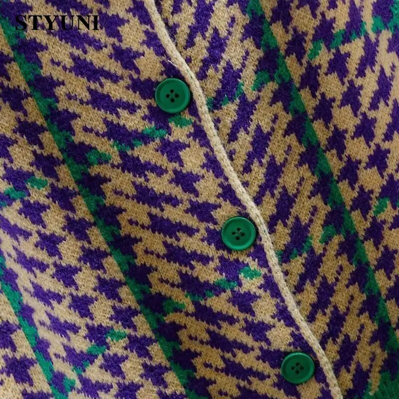 Houndstooth üherealised O-kaelusega High Street silmkoelised naiste kampsunid pikkade varrukatega lapitehnikaga lühikesed džemprid Naiste kardiganid