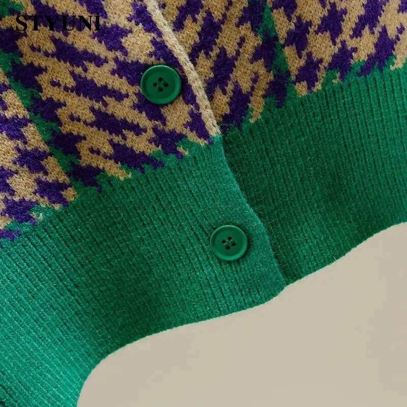 Houndstooth üherealised O-kaelusega High Street silmkoelised naiste kampsunid pikkade varrukatega lapitehnikaga lühikesed džemprid Naiste kardiganid