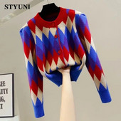 Argyle Plaid Vintage trikotāžas sieviešu džemperis ar apaļu kakla izgriezumu korejiešu modes vienrindas īsu jaku mētelis 2022. g.