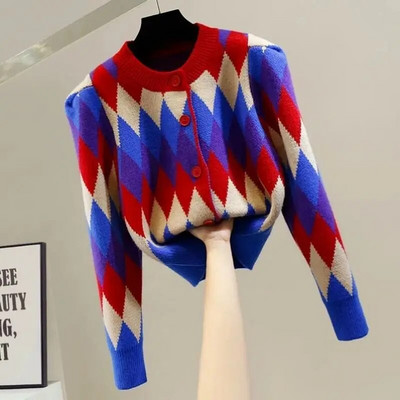 Argyle Plaid Vintage trikotāžas sieviešu džemperis ar apaļu kakla izgriezumu korejiešu modes vienrindas īsu jaku mētelis 2022. g.