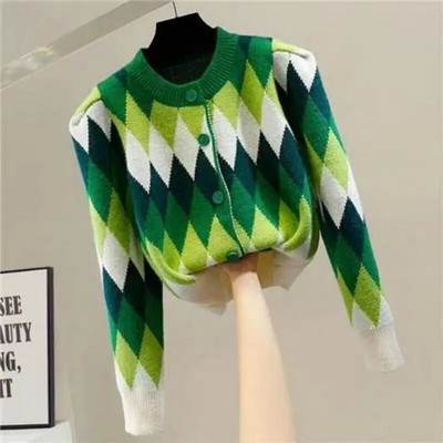 Argyle Plaid Vintage trikotāžas sieviešu džemperis ar apaļu kakla izgriezumu korejiešu modes vienrindas īsu jaku mētelis 2022. g.