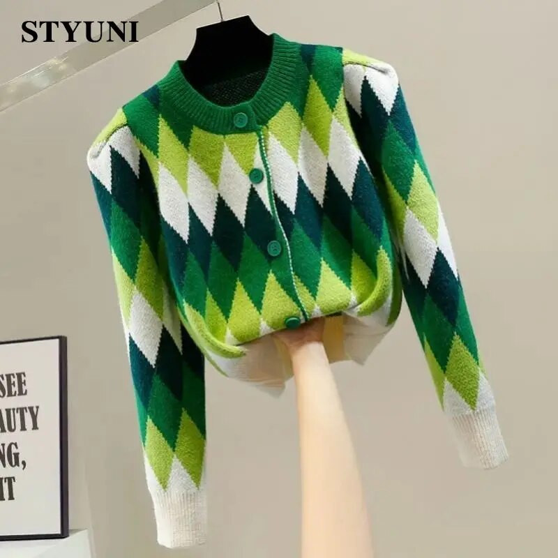 Argyle Plaid Vintage trikotāžas sieviešu džemperis ar apaļu kakla izgriezumu korejiešu modes vienrindas īsu jaku mētelis 2022. g.