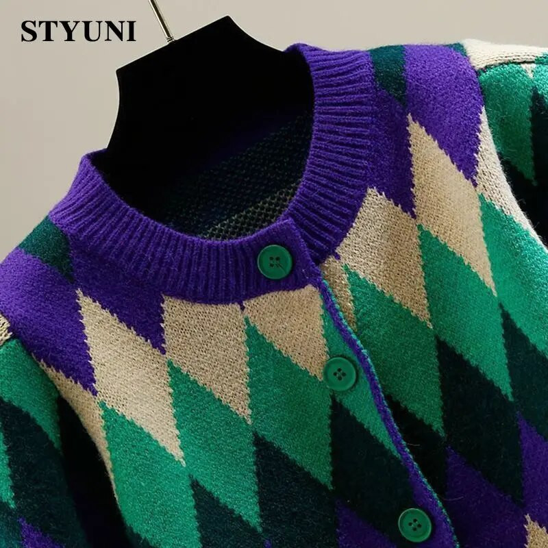 Argyle Plaid Vintage trikotāžas sieviešu džemperis ar apaļu kakla izgriezumu korejiešu modes vienrindas īsu jaku mētelis 2022. g.