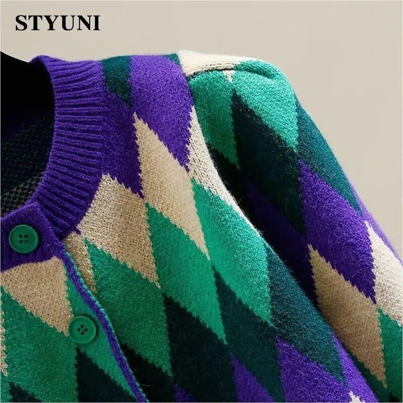 Argyle Plaid Vintage trikotāžas sieviešu džemperis ar apaļu kakla izgriezumu korejiešu modes vienrindas īsu jaku mētelis 2022. g.