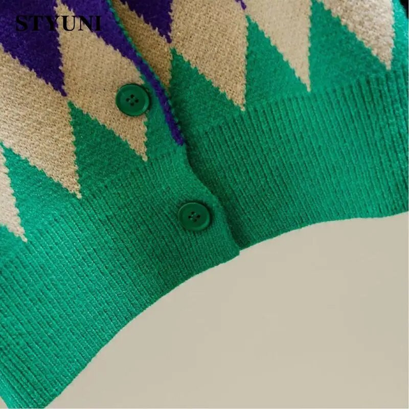 Argyle Plaid Vintage trikotāžas sieviešu džemperis ar apaļu kakla izgriezumu korejiešu modes vienrindas īsu jaku mētelis 2022. g.