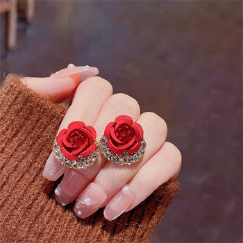 Temperament Luxury Κόκκινο τριαντάφυλλο λουλούδι στρας σκουλαρίκια για γυναίκες Καρφιά αυτιών τρυπώντας σκουλαρίκι Κορεατικής μόδας κοσμήματα