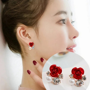 Темперамент Луксозни обеци с цветя от червена роза и кристали за жени Сърце на шипове за уши Пиърсинг обеци Корейски модни бижута