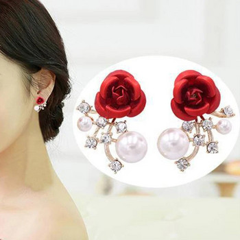 Темперамент Луксозни обеци с цветя от червена роза и кристали за жени Сърце на шипове за уши Пиърсинг обеци Корейски модни бижута
