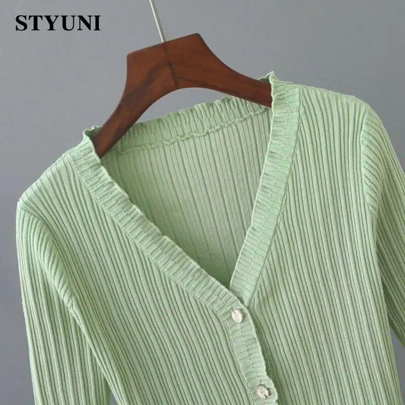 Ikdienas vienkrāsains, mīksts akrils, trikotāžas sieviešu džemperis, ar V veida kakla izgriezumu, garām piedurknēm, šiks korejiešu modes īsa jaka, mētelis.