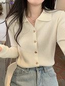Tavaszi őszi pólógallér Ot Button vékony kötött pulóver, egyszínű, egyszerű dizájner női felső, laza, hosszú ujjú pulóver