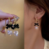 Luksusa rotaslietas sievietēm korejiešu melna loka cirkona lodīšu ausu pogas auskari sievietēm, meitenēm kāzu ballīšu rotaslietas aksesuāri