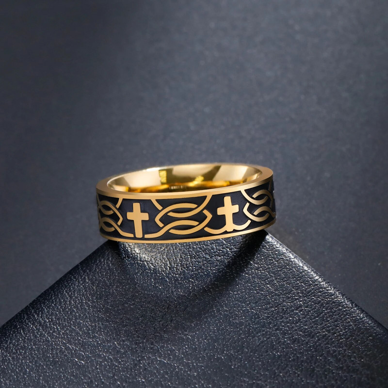COOLTIME graviruoti krikščioniški kryžiaus žiedai vyrams, 6 mm pločio, nerūdijančio plieno Jėzaus kryžiaus pirštų žiedas Nauji pankų papuošalai gimtadienio dovana