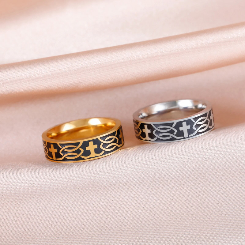COOLTIME graviruoti krikščioniški kryžiaus žiedai vyrams, 6 mm pločio, nerūdijančio plieno Jėzaus kryžiaus pirštų žiedas Nauji pankų papuošalai gimtadienio dovana