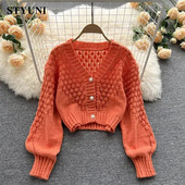 Ακρυλικό πλεκτό μακρυμάνικο με λαιμόκοψη με κούφιο κούφιο μακρυμάνικο casual χαλαρό γυναικείο πουλόβερ Κορεατική μόδα πουλόβερ Κοντή ζακέτα φθινοπωρινό χειμώνα