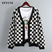 Šaha rūts Vintage trikotāžas vienrindas sieviešu džemperis Korejiešu modes jaka ar garām piedurknēm jaka, mētelis