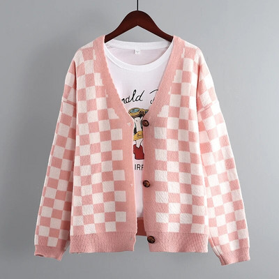 Šaha rūts Vintage trikotāžas vienrindas sieviešu džemperis Korejiešu modes jaka ar garām piedurknēm jaka, mētelis