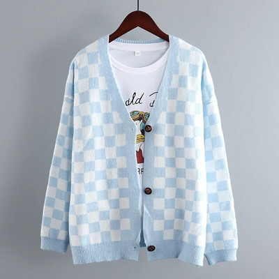 Šaha rūts Vintage trikotāžas vienrindas sieviešu džemperis Korejiešu modes jaka ar garām piedurknēm jaka, mētelis