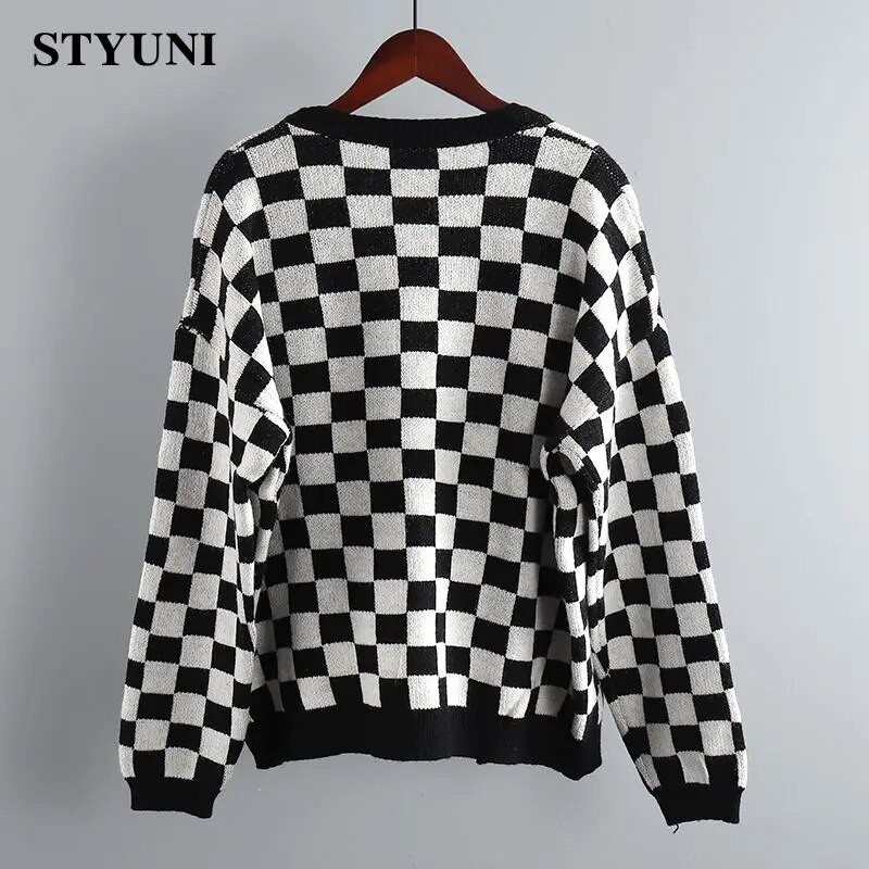 Šaha rūts Vintage trikotāžas vienrindas sieviešu džemperis Korejiešu modes jaka ar garām piedurknēm jaka, mētelis