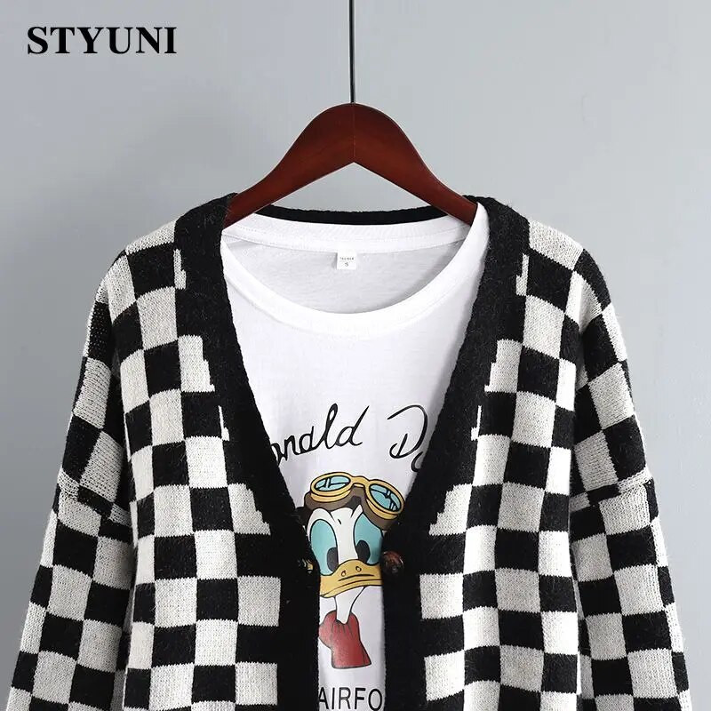 Šaha rūts Vintage trikotāžas vienrindas sieviešu džemperis Korejiešu modes jaka ar garām piedurknēm jaka, mētelis