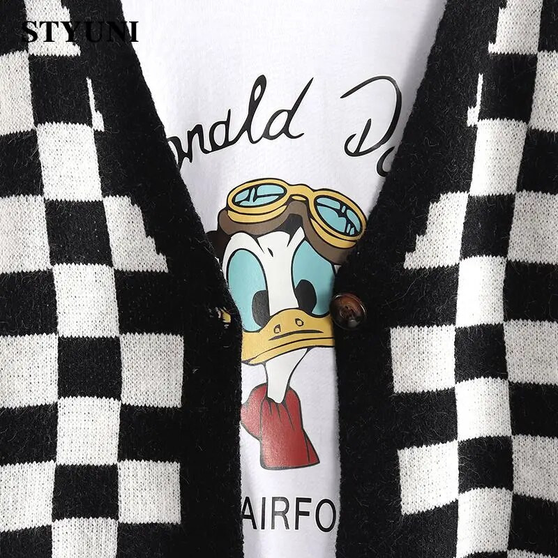 Šaha rūts Vintage trikotāžas vienrindas sieviešu džemperis Korejiešu modes jaka ar garām piedurknēm jaka, mētelis