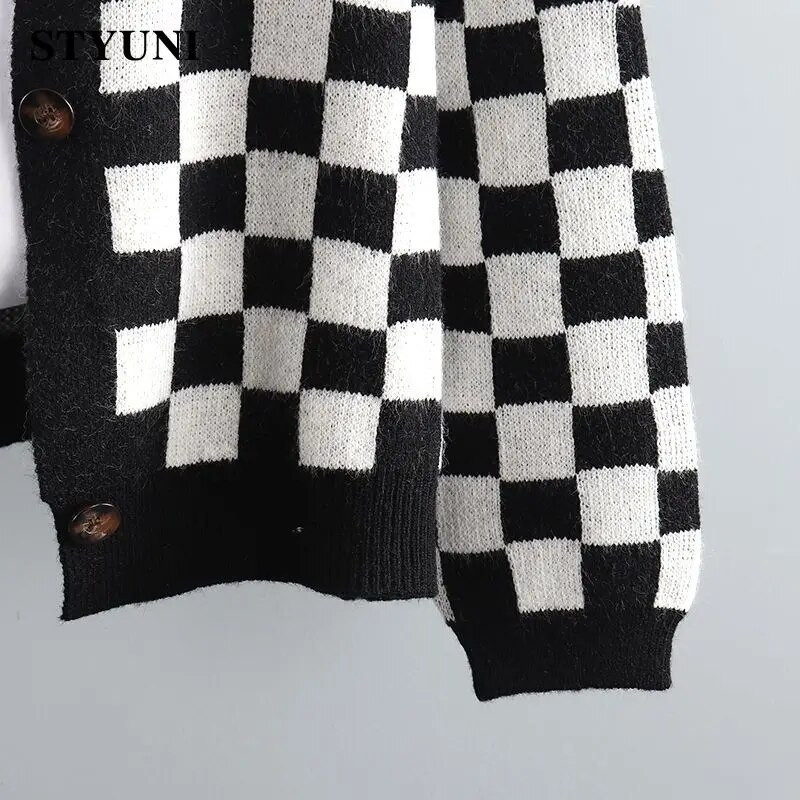 Šaha rūts Vintage trikotāžas vienrindas sieviešu džemperis Korejiešu modes jaka ar garām piedurknēm jaka, mētelis