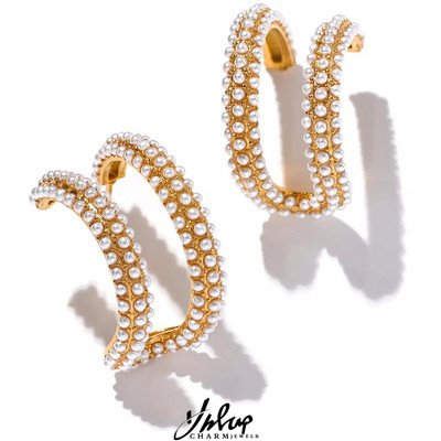 Yhpup Елегантни имитации на перли от неръждаема стомана, златни обеци с обръч, 18K покритие, модни романтични бижута с чар за жени, подарък