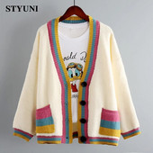Színes Patchwork, vastag, meleg V-nyakú kötött női pulóver, kardigán hosszú ujjú koreai divatos, elegáns laza női kabát
