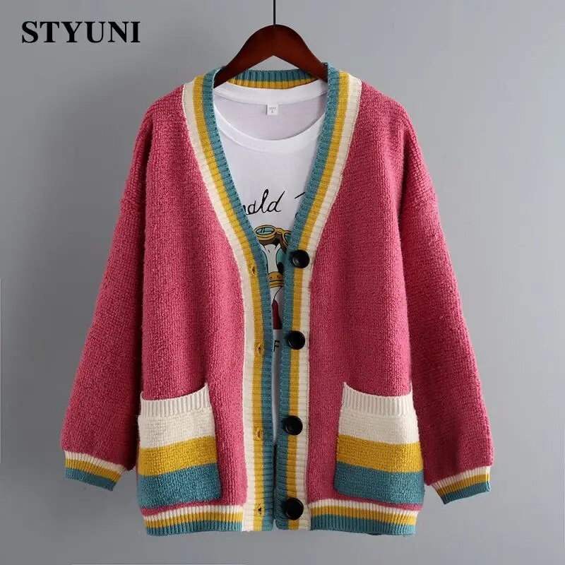 Színes Patchwork, vastag, meleg V-nyakú kötött női pulóver, kardigán hosszú ujjú koreai divatos, elegáns laza női kabát