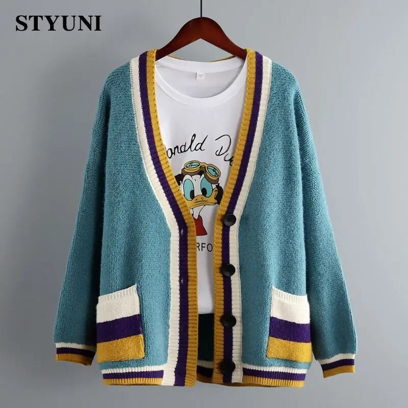 Színes Patchwork, vastag, meleg V-nyakú kötött női pulóver, kardigán hosszú ujjú koreai divatos, elegáns laza női kabát