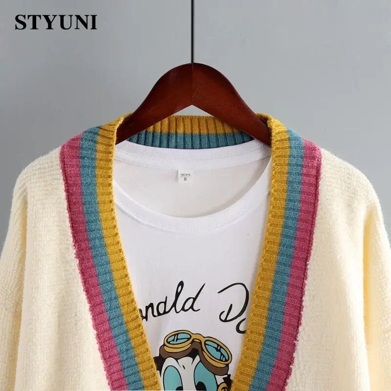 Színes Patchwork, vastag, meleg V-nyakú kötött női pulóver, kardigán hosszú ujjú koreai divatos, elegáns laza női kabát