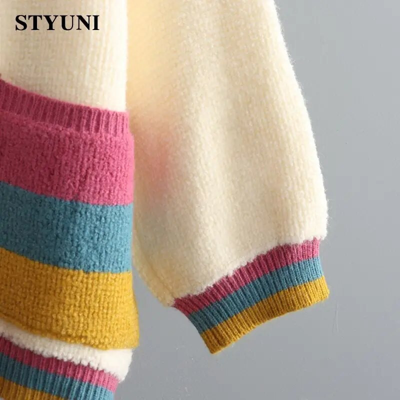 Színes Patchwork, vastag, meleg V-nyakú kötött női pulóver, kardigán hosszú ujjú koreai divatos, elegáns laza női kabát