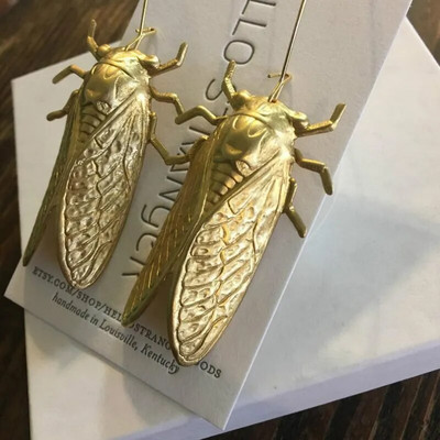 Насекоми Златни цикади Висящи обеци Ретро ръчно изработени гигантски цикади обеци за жени Pendientes Mujer Moda 2023 Талисмани за обеци