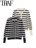 TRAF modes strīpains trikotāžas sieviešu jakas, plaukstas piedurknes O kakla, šaurs džemperis sievietēm, 2023. gada rudens Y2K